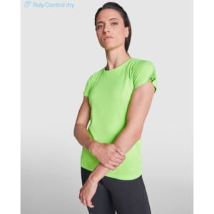 A bright green women's T-shirt with a fitted style and rolled sleeves, featuring a small logo.