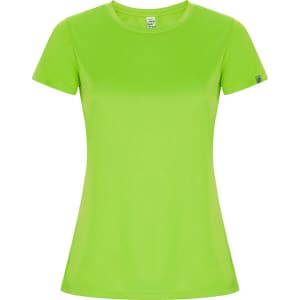 A bright green women's t-shirt with short sleeves and a fitted design. It features a logo on one sleeve.