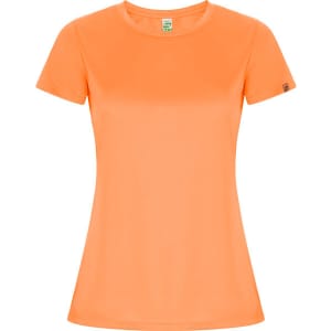 An orange women's T-shirt with short sleeves, featuring a logo on the sleeve.