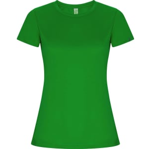 A green women's T-shirt with short sleeves and a fitted design. Features a logo on one sleeve.