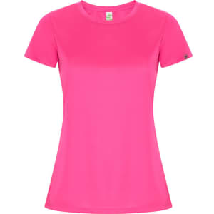 A pink women's T-shirt with a fitted design and short sleeves, featuring a small logo on one side.