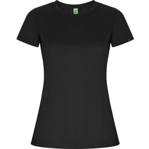 A black women's T-shirt with short sleeves and a fitted silhouette, featuring a branding logo.