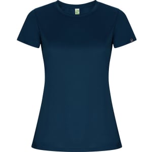 A navy blue women's t-shirt featuring a fitted style and a small logo tag on the sleeve.