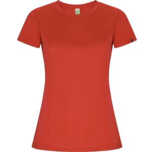 A red women's T-shirt with short sleeves and a fitted design. Features a logo on the sleeve.
