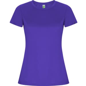 A purple women's t-shirt with short sleeves, featuring a subtle logo on the sleeve.
