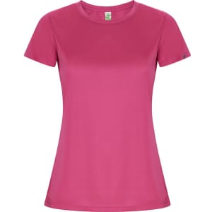 A pink women's T-shirt with a round neckline and short sleeves. It has a simple design and a branded logo.