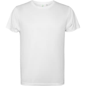 A plain white T-shirt with a simple design, featuring short sleeves and a crew neck. Includes a logo.