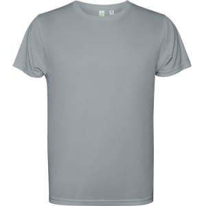 A grey t-shirt with short sleeves and a simple design, featuring a logo on the front.