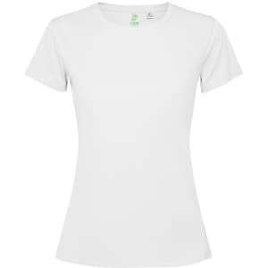 A white women's t-shirt with a fitted design and short sleeves. It has a small logo on the label.