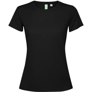 A black women's T-shirt with short sleeves, featuring a fitted design and a label tag.