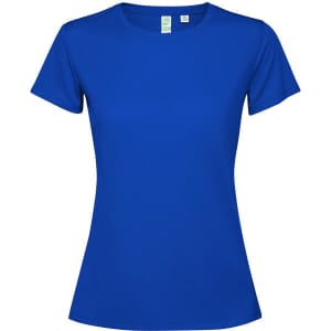 A blue women's T-shirt with a round neck and short sleeves, featuring a logo on the label.