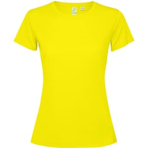 A bright yellow women's T-shirt with short sleeves and a fitted design, featuring a logo.