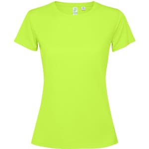 A bright green women's T-shirt with short sleeves and a fitted design. It features a logo on the label.