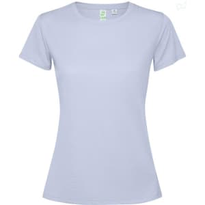 A light purple women's T-shirt featuring short sleeves and a round neckline, with a brand logo.