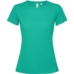 A women's T-shirt in a bright teal colour with short sleeves and a fitted design. It features a logo.