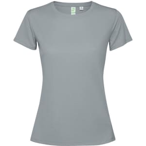 A women's T-shirt in a soft grey colour, featuring a classic crew neckline and short sleeves. It has a logo.