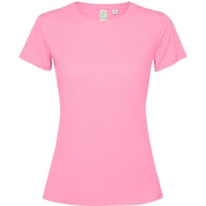 A pink women's T-shirt with short sleeves and a fitted design, featuring a brand logo.