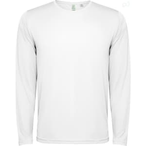 A long-sleeved T-shirt in white, featuring a simple design and a logo on the garment.
