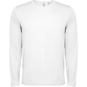 A long-sleeved T-shirt in white, featuring a simple design and a logo on the garment.