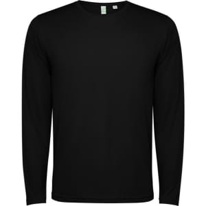 A black long-sleeved t-shirt featuring a simple design and a logo.
