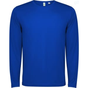 A long-sleeved blue t-shirt with a logo on the front, featuring a crew neckline and straight hem.