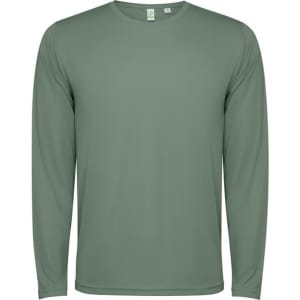 A long-sleeved T-shirt in a muted green colour with a simple design and a logo.