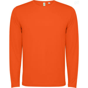 An orange long-sleeved T-shirt with a simple design and a label at the neck. It features a logo.