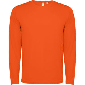 An orange long-sleeved T-shirt with a standard crew neckline and a logo on the tag.