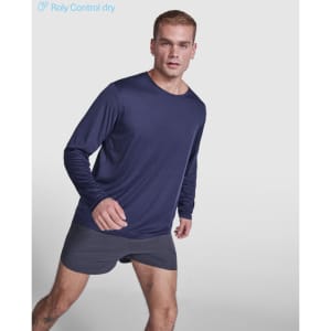A long-sleeved navy T-shirt worn by a model, paired with grey shorts. The T-shirt features a branding logo.