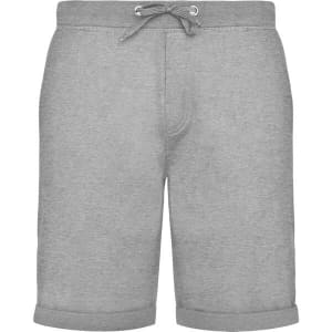 Light grey sports shorts with a drawstring waist and rolled cuffs, featuring a small logo.