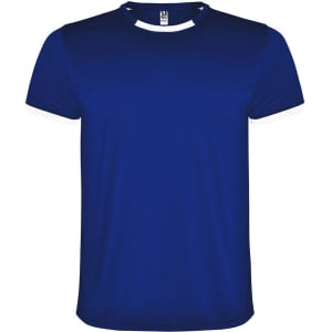 A blue sports shirt featuring a white collar and sleeves, made from a lightweight fabric, with a logo on the chest.