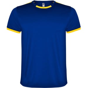 A blue sports shirt with yellow trim around the collar and sleeves. It features a logo on the front.