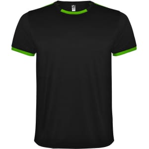 A black sports t-shirt with green accents on the collar and sleeves, featuring a logo.