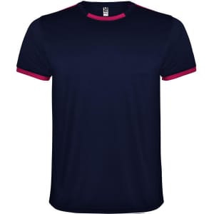 A navy blue sports shirt with contrasting pink trim on the collar and sleeves. It features a logo on the label.