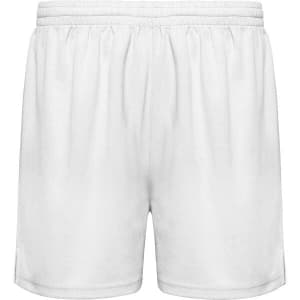 White sport shorts with an elastic waistband and a simple design. The shorts feature a logo on the front.