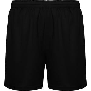 A pair of black sports shorts with an elastic waistband and a simple design, featuring a logo.