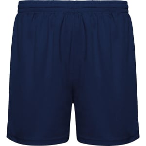 Navy blue sports shorts with an elastic waistband and a simple design, featuring a logo.