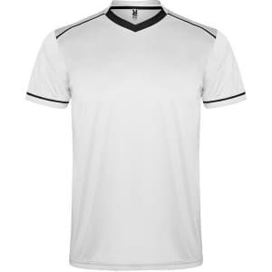 A white sports uniform t-shirt with black accents and a V-neck design. It features a logo on the front.
