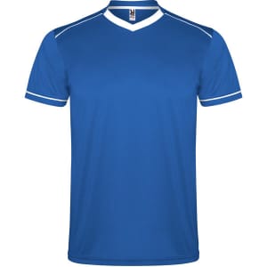 A blue sports uniform top with white accents and a V-neck design, featuring a logo.