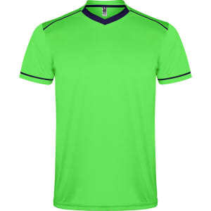 A green sports shirt with a V-neck and dark trim. The shirt features a logo on the front.