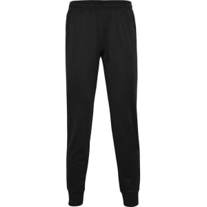 Black training trousers with a fitted design, featuring elastic cuffs and a waistband. Includes a logo.