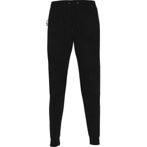 A pair of black track pants featuring a drawstring waistband and a side pocket. Includes a branding logo.