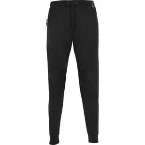 A pair of dark grey track pants with a drawstring waistband and a side pocket, featuring a logo.
