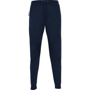 Navy track pants with a drawstring waist and side pockets, featuring a small logo on the side.