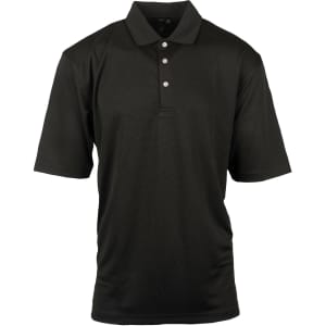 A black moisture-free pique polo shirt with a classic collar and three buttons, featuring a logo on the chest.