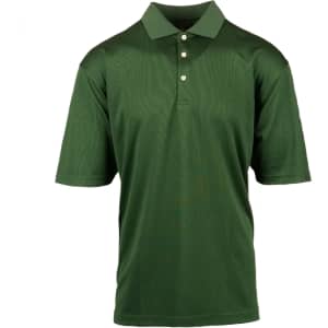 A green polo shirt featuring a collar, three buttons, and a logo on the left side.