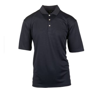 A dark navy pique polo shirt with a classic collar and three buttons, featuring a logo on the chest.