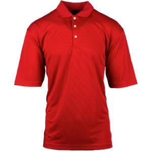 A red polo shirt with a collar and three buttons, featuring a logo on the chest.