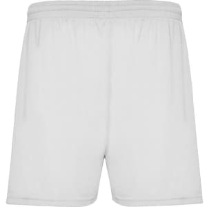 A pair of white sports shorts featuring an elastic waistband and a simple design, with a small logo.