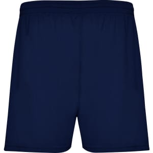 Navy blue sports shorts with an elastic waistband and a simple design, featuring a logo branding.